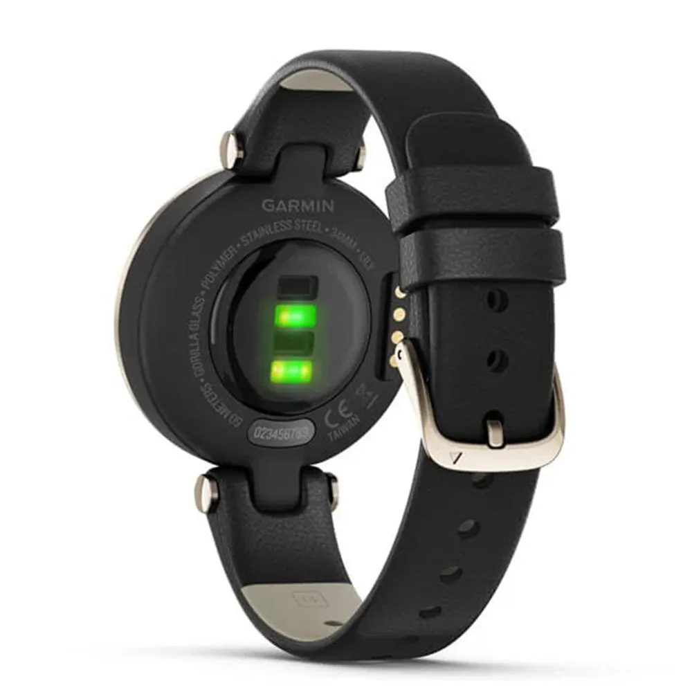 Garmin Lily Small GPS Touchscreen Patterned Lens Cream Gold Bezel with Black Case and Italian Leather Band Smartwatch - 010-02384-A1