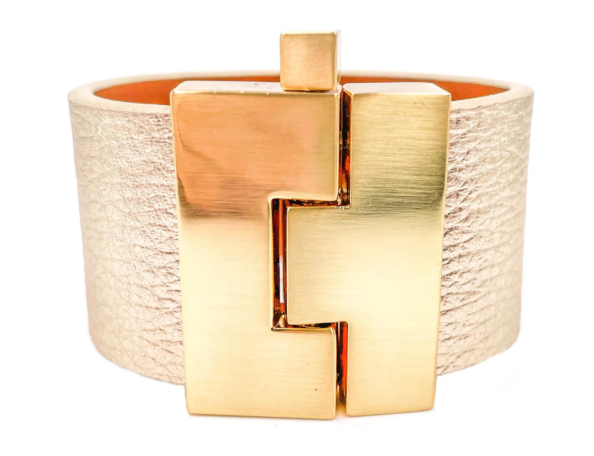 Gold Metallic Pebbled Leather Wide Jigsaw Cuff