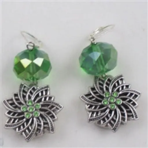 Green Crystal & Silver Drop Earrings