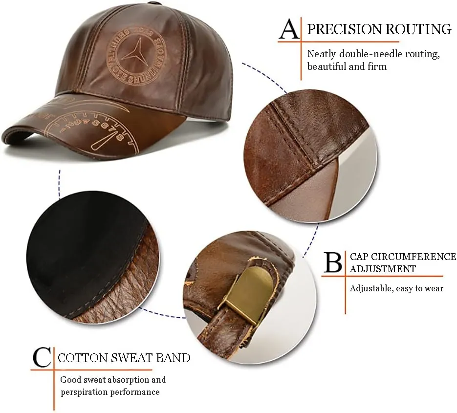 Gudessly Adjustable Men's Genuine Cowhide Leather Baseball Cap for Fall Winter Outdoor Sports Hat