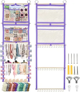 Headband Holder, 17x50in Bow Holder W/ 2 Mesh Pockets & 36 Metal Hooks, Bow Organizer for Girls Hair Clip Jewerly, Wall Hanging Hair Accessories Storage Hanger for Baby Toddler Nursery Decor(Purple)