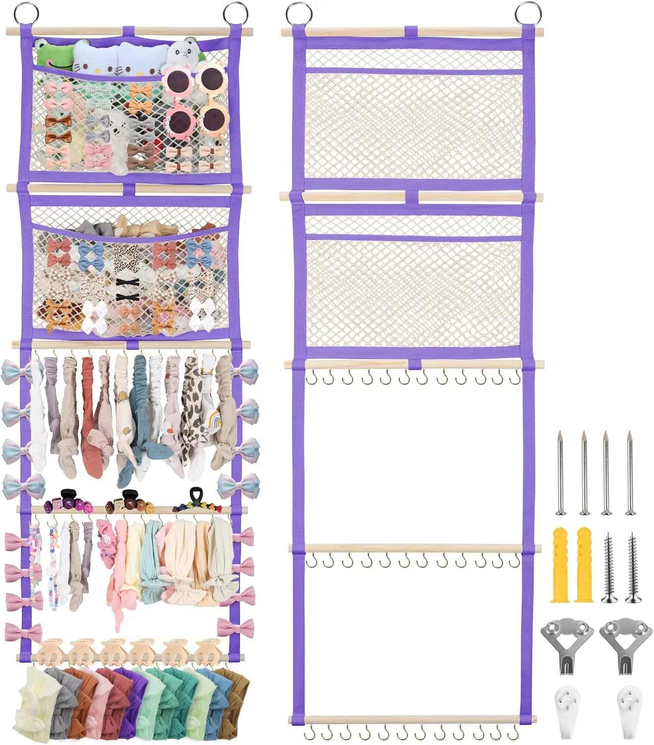 Headband Holder, 17x50in Bow Holder W/ 2 Mesh Pockets & 36 Metal Hooks, Bow Organizer for Girls Hair Clip Jewerly, Wall Hanging Hair Accessories Storage Hanger for Baby Toddler Nursery Decor(Purple)