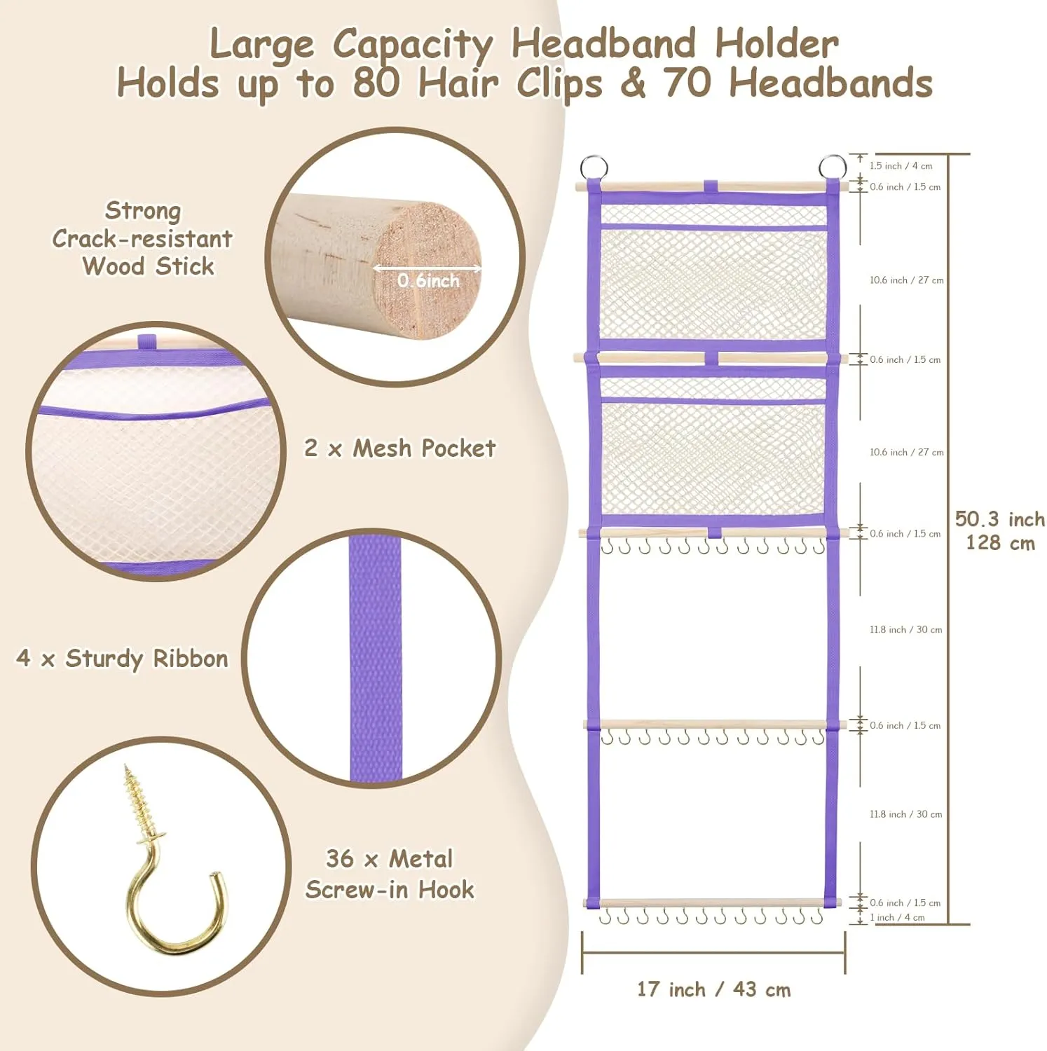 Headband Holder, 17x50in Bow Holder W/ 2 Mesh Pockets & 36 Metal Hooks, Bow Organizer for Girls Hair Clip Jewerly, Wall Hanging Hair Accessories Storage Hanger for Baby Toddler Nursery Decor(Purple)