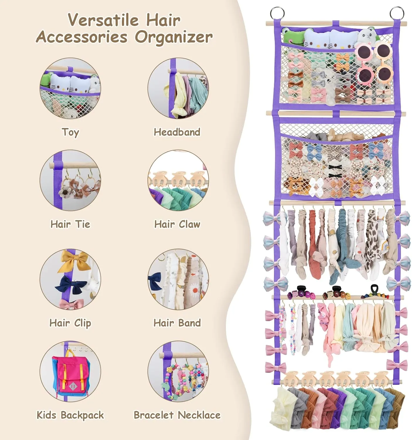 Headband Holder, 17x50in Bow Holder W/ 2 Mesh Pockets & 36 Metal Hooks, Bow Organizer for Girls Hair Clip Jewerly, Wall Hanging Hair Accessories Storage Hanger for Baby Toddler Nursery Decor(Purple)