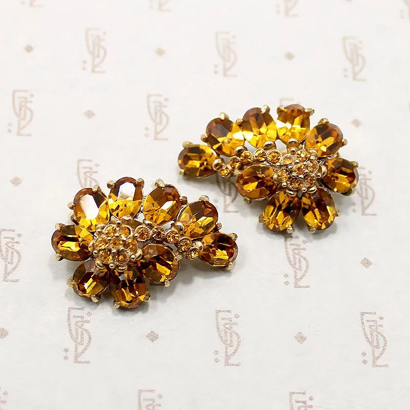Hollycraft Amber Rhinestone Paisley Clip Earrings