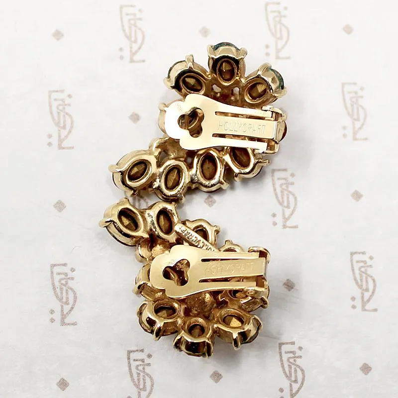 Hollycraft Amber Rhinestone Paisley Clip Earrings