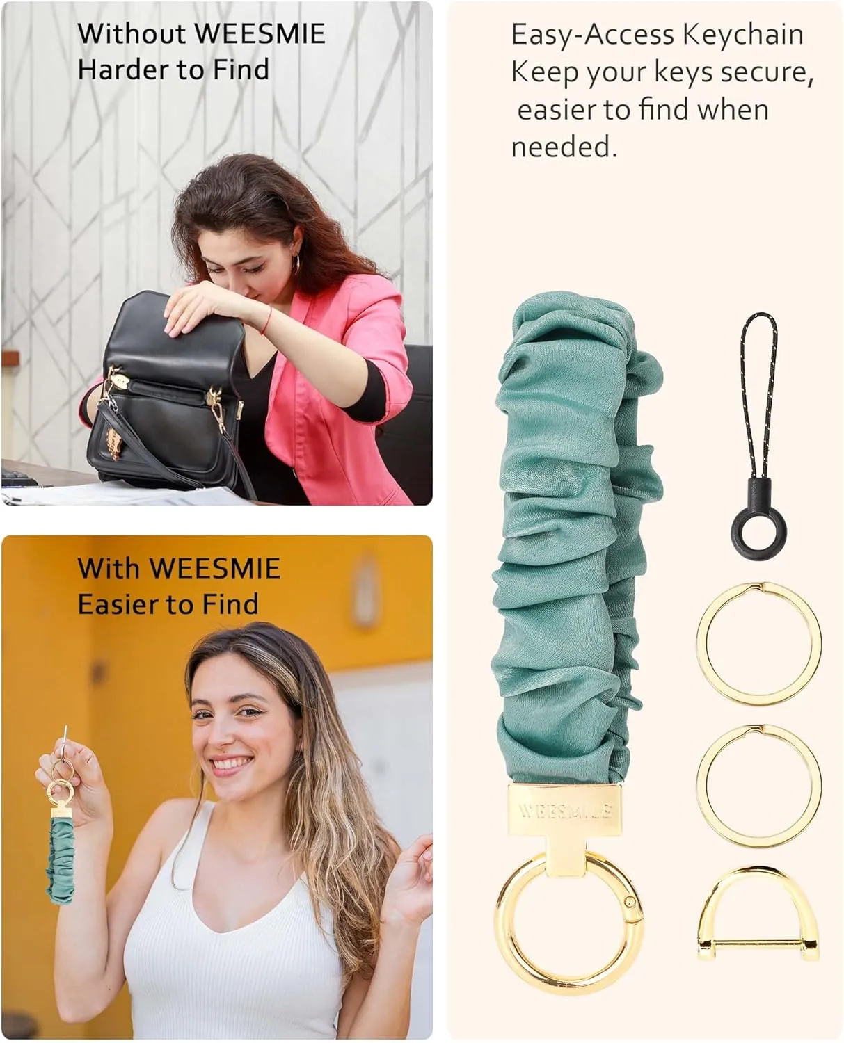 Keychain Wristlet, Stretchy Key Chain for Car Keys with D ring, Cute Scrunchie Wrist Bracelet for Women Men