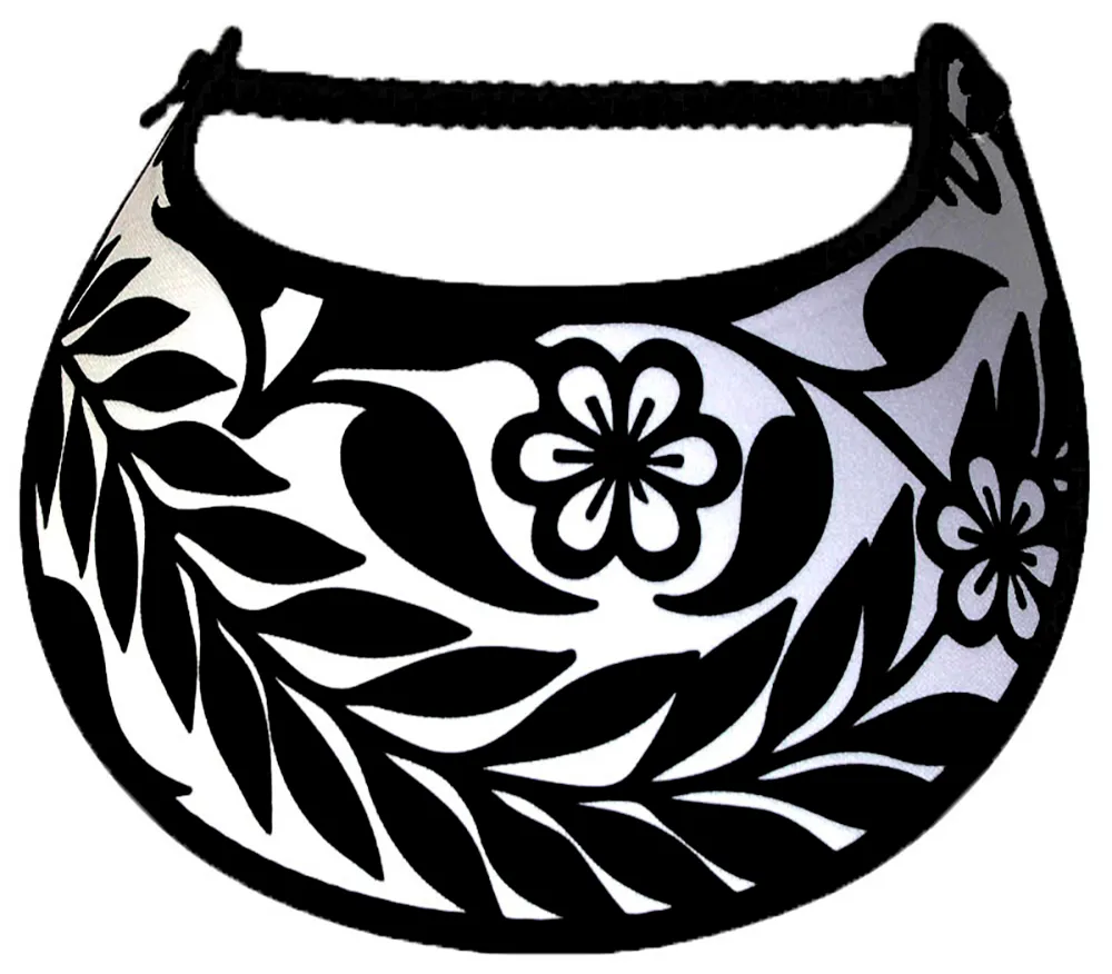 Long Black Leaf and Flowers on White Sun Visor