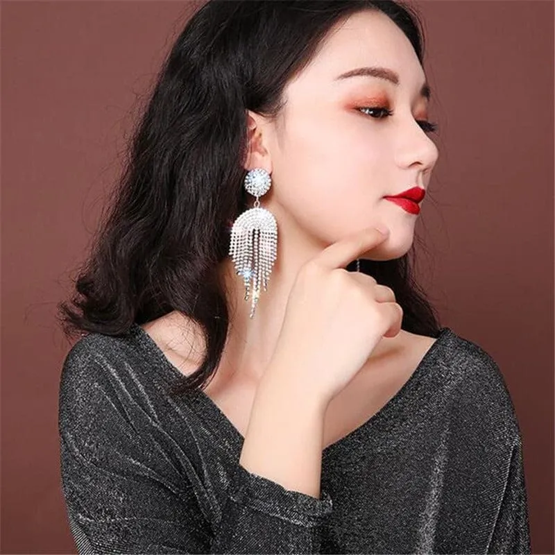 Long Tassel Crystal Rhinestone Drop Earrings
