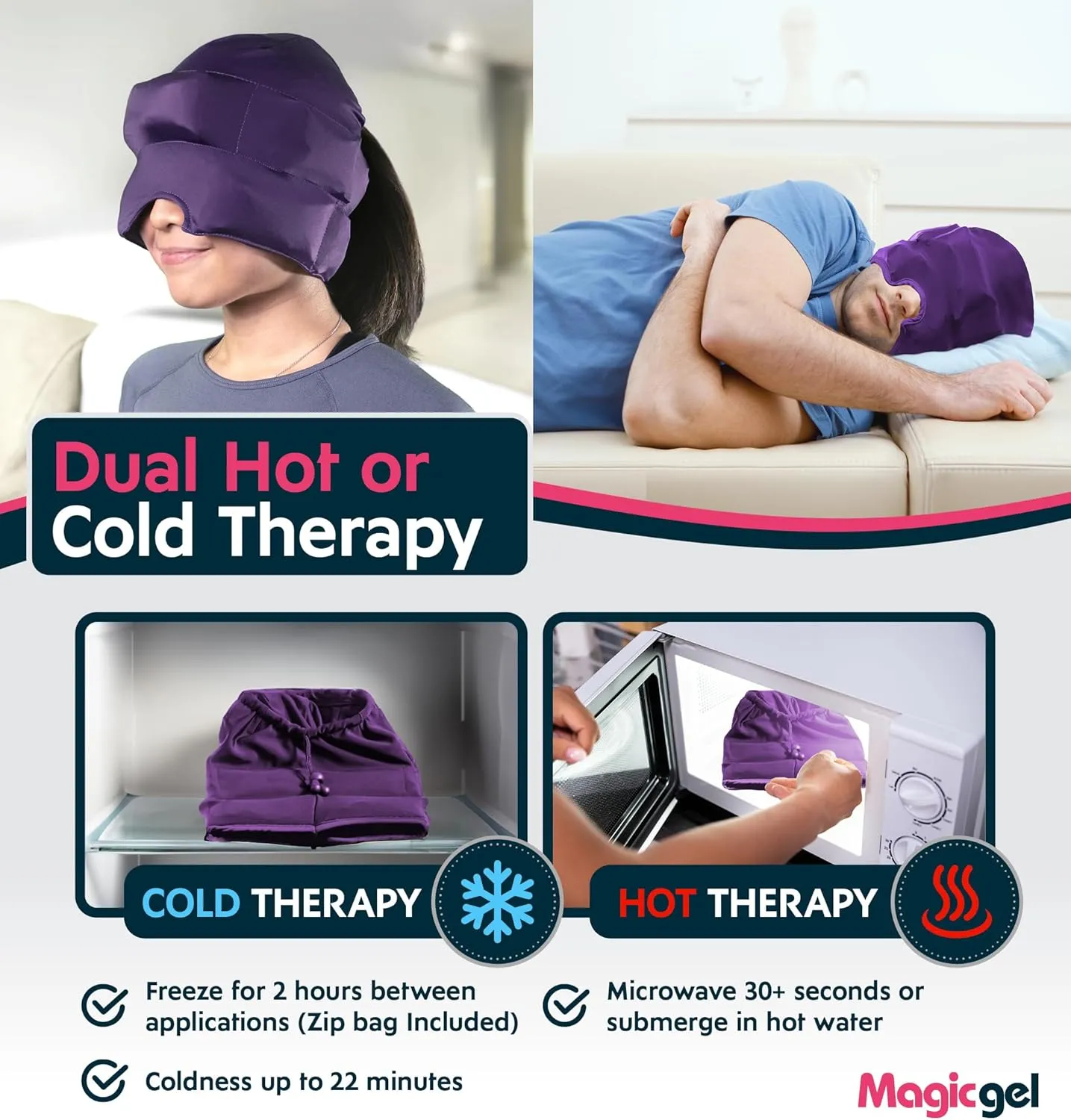 Magic Gel Migraine Ice Head Wrap | Real Migraine & Headache Relief | The Original Headache Cap | Cold, Comfortable, Dark & Cool; Endorsed by Physicians, Loved by Thousands - (2 Pack, Purple)