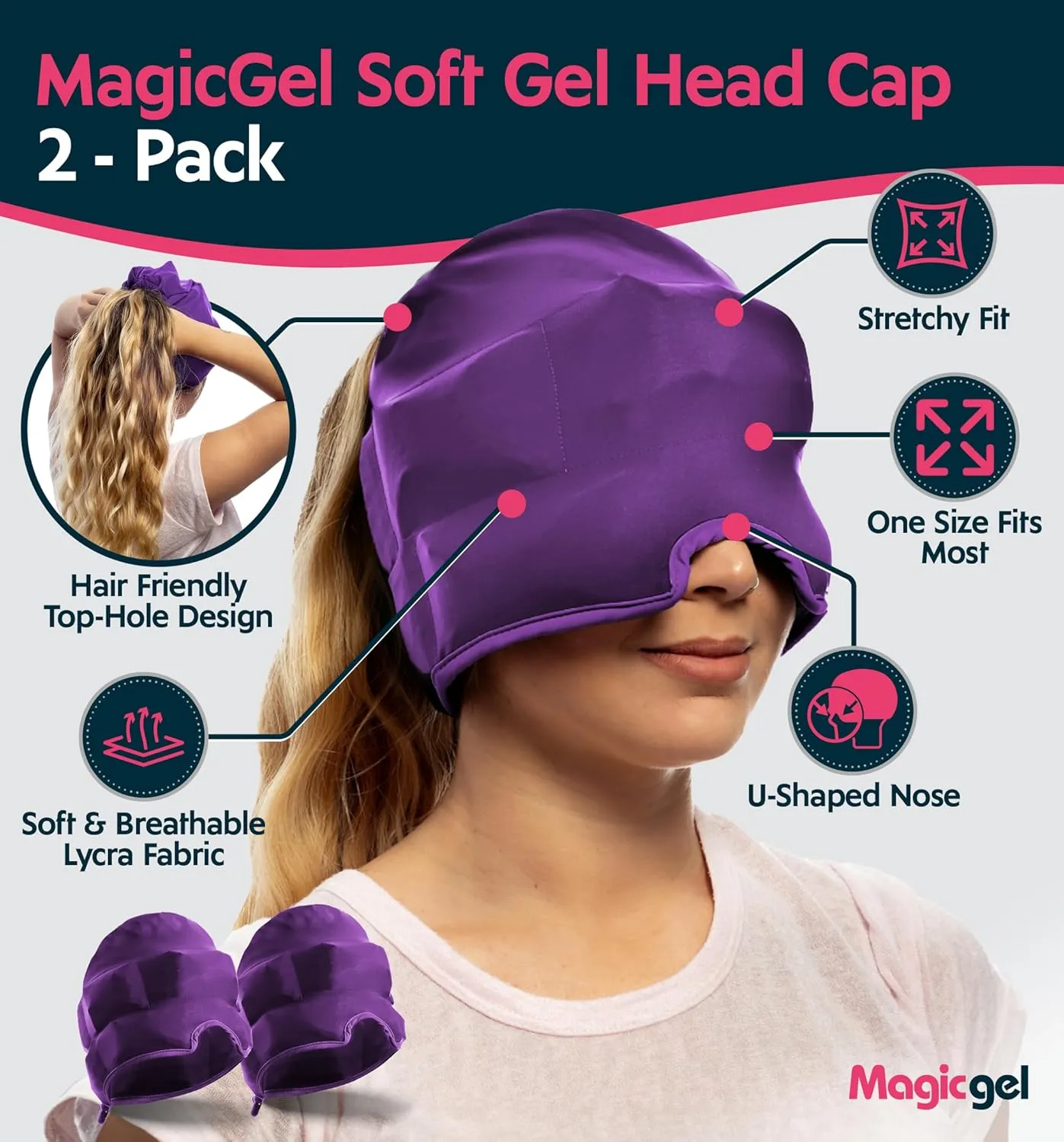 Magic Gel Migraine Ice Head Wrap | Real Migraine & Headache Relief | The Original Headache Cap | Cold, Comfortable, Dark & Cool; Endorsed by Physicians, Loved by Thousands - (2 Pack, Purple)
