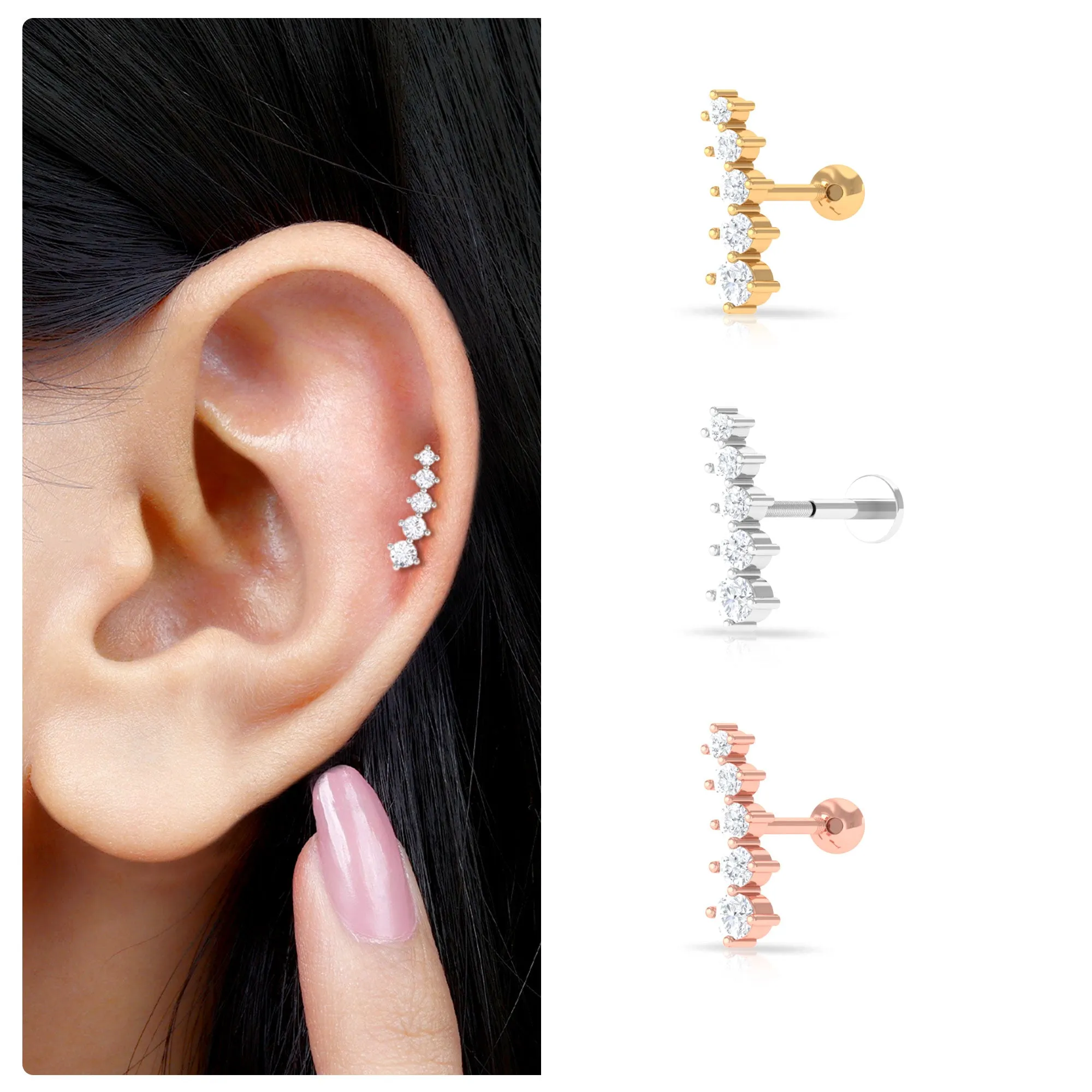 Minimal Moissanite Gold Crawler Earring For Helix Piercing
