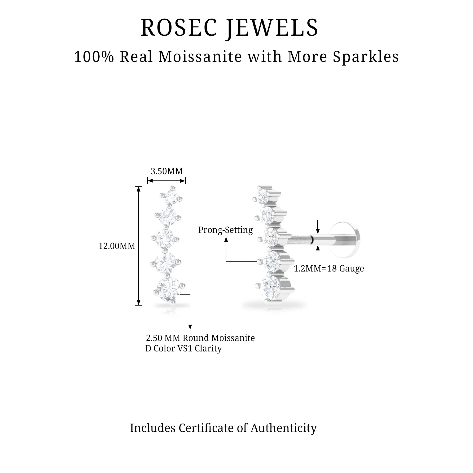Minimal Moissanite Gold Crawler Earring For Helix Piercing