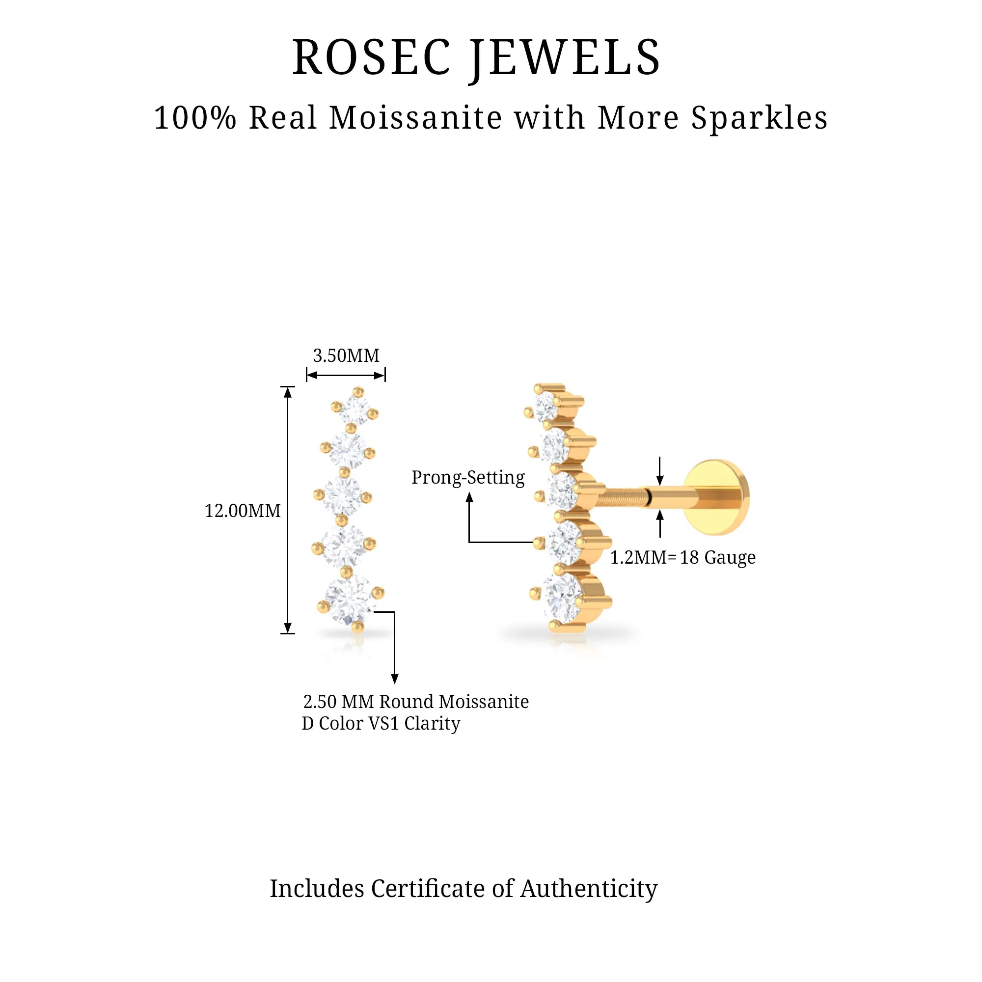 Minimal Moissanite Gold Crawler Earring For Helix Piercing