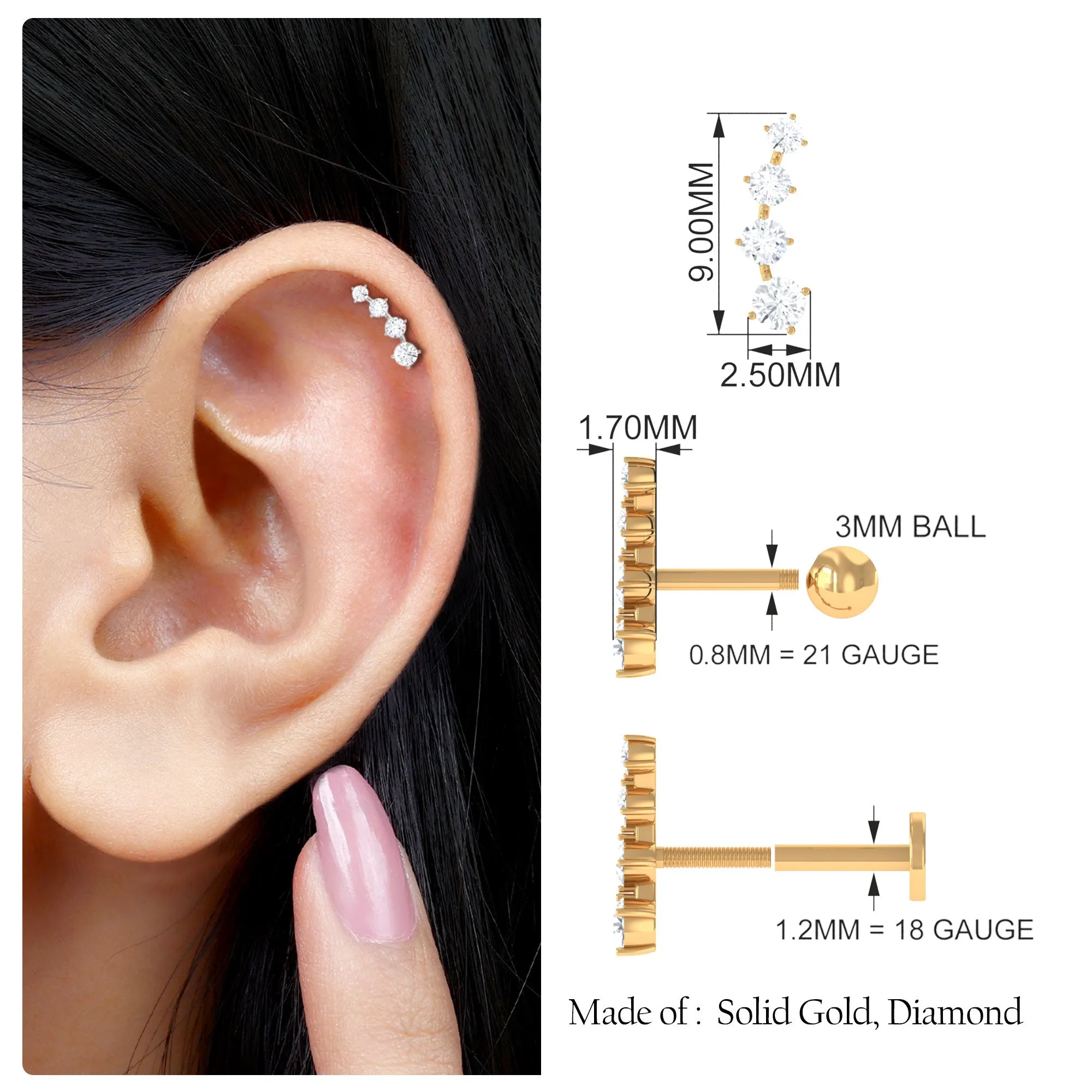 Minimalist Moissanite Crawler Helix Earring in Gold