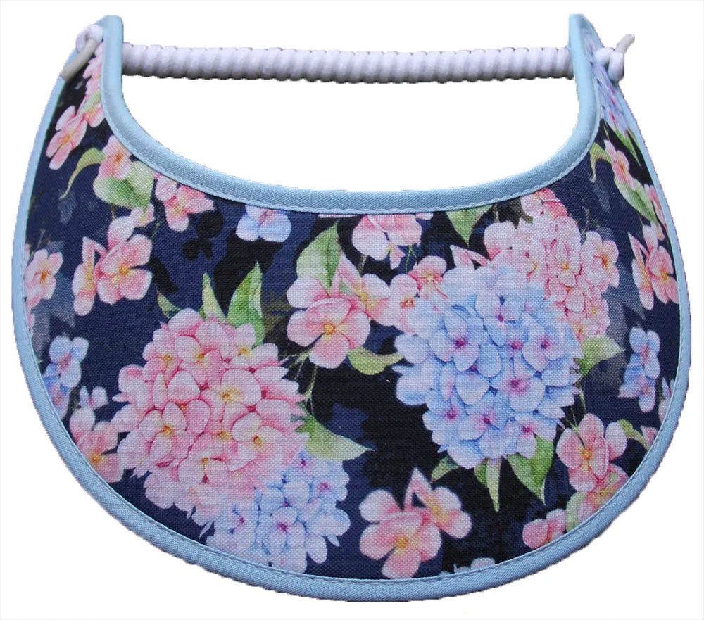 Navy Sun Visor with Hydrangeas Trimmed in Light Blue