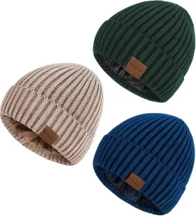 Nertpow Mens Beanie Hats 3 Pack, Winter Hats for Men Women Warm Thermal Fleece Lined, Thick Knit Fashion Skull Cap for Guys
