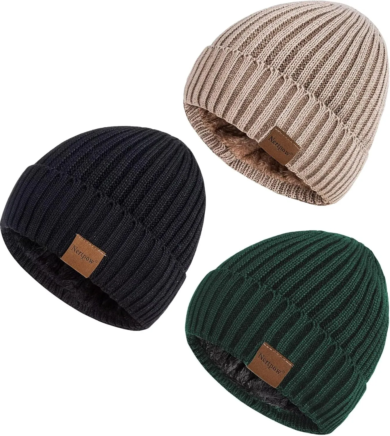 Nertpow Mens Beanie Hats 3 Pack, Winter Hats for Men Women Warm Thermal Fleece Lined, Thick Knit Fashion Skull Cap for Guys