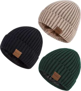 Nertpow Mens Beanie Hats 3 Pack, Winter Hats for Men Women Warm Thermal Fleece Lined, Thick Knit Fashion Skull Cap for Guys