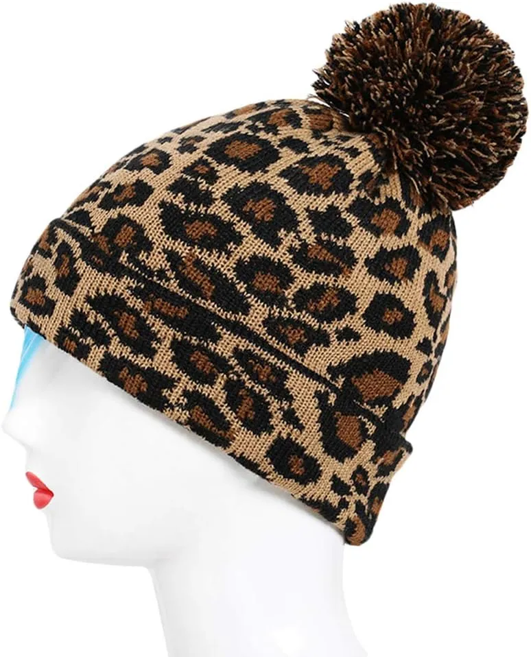 Newfancy Women Men Winter Hats Leopard Print Cuffed Beanie Double Layers Thick Knitted Soft Warm Slouchy Skull Ski Cap
