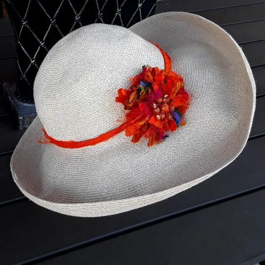 Orange Fuzzy Sari Silk Ribbon Flower Brooch Pin with Earrings - Large Fabric Floral Hair Clip - Fiber Art Corsage