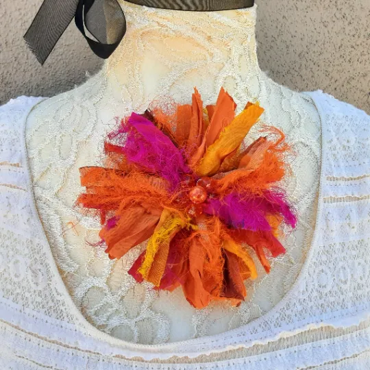 Orange Fuzzy Sari Silk Ribbon Flower Brooch Pin with Earrings - Large Fabric Floral Hair Clip - Fiber Art Corsage