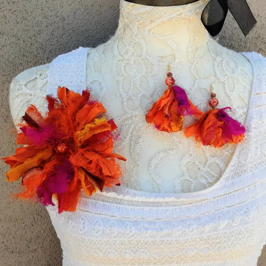 Orange Fuzzy Sari Silk Ribbon Flower Brooch Pin with Earrings - Large Fabric Floral Hair Clip - Fiber Art Corsage