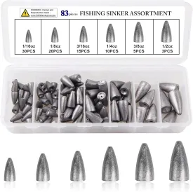 OROOTL Bullet Fishing Weights Sinkers Kit, 29/83pcs Worm Weights Assortment Bullet Sinkers Slip Weight for Bass Fishing Texas Rigs Carolina Rig Freshwater Saltwater Gear Tackle