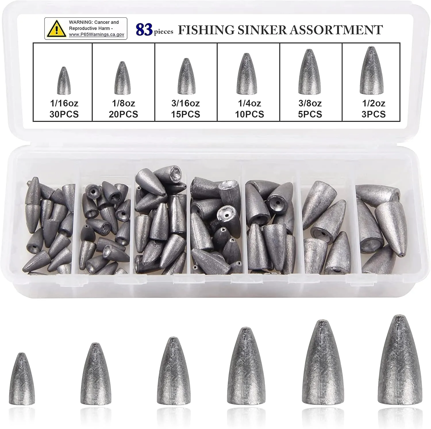 OROOTL Bullet Fishing Weights Sinkers Kit, 29/83pcs Worm Weights Assortment Bullet Sinkers Slip Weight for Bass Fishing Texas Rigs Carolina Rig Freshwater Saltwater Gear Tackle