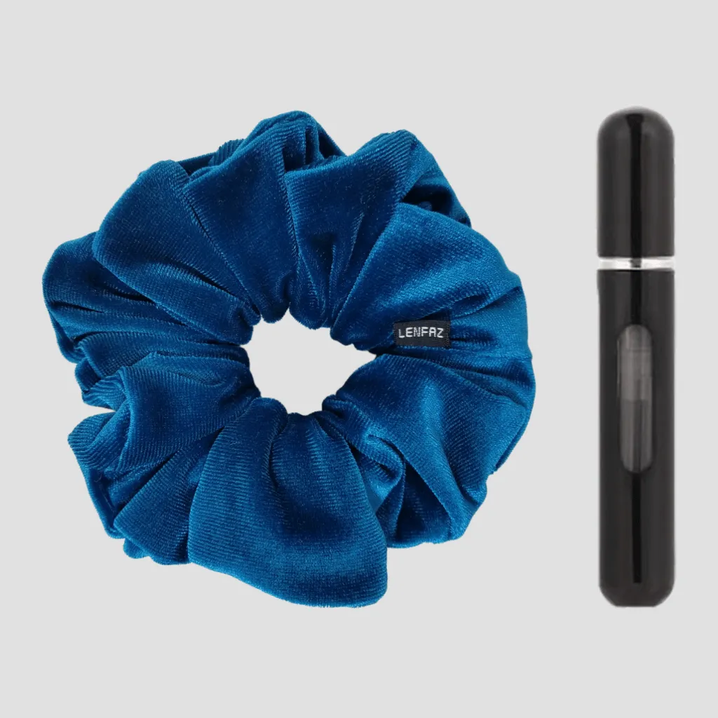 Peacock Blue Velvet Scrunchie - Ultra Black Mini Perfume Spray Btl.