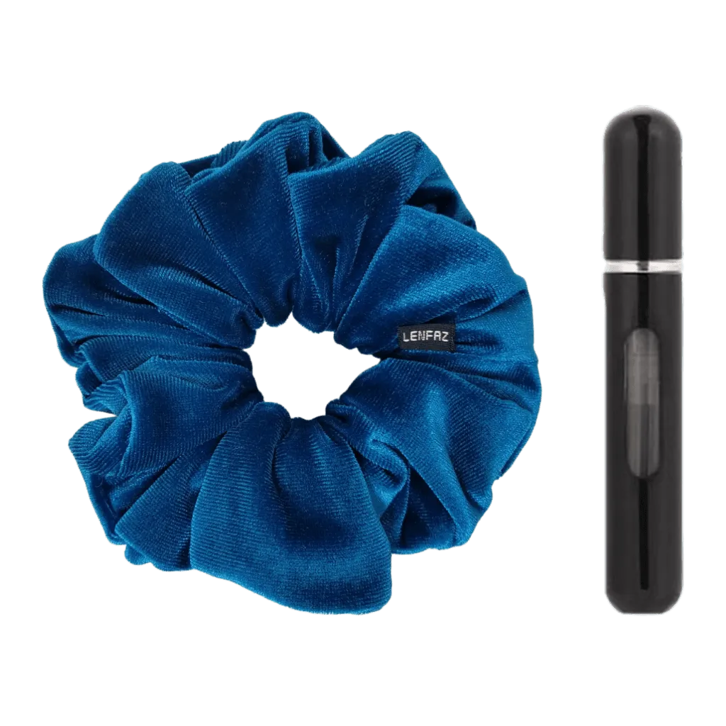 Peacock Blue Velvet Scrunchie - Ultra Black Mini Perfume Spray Btl.