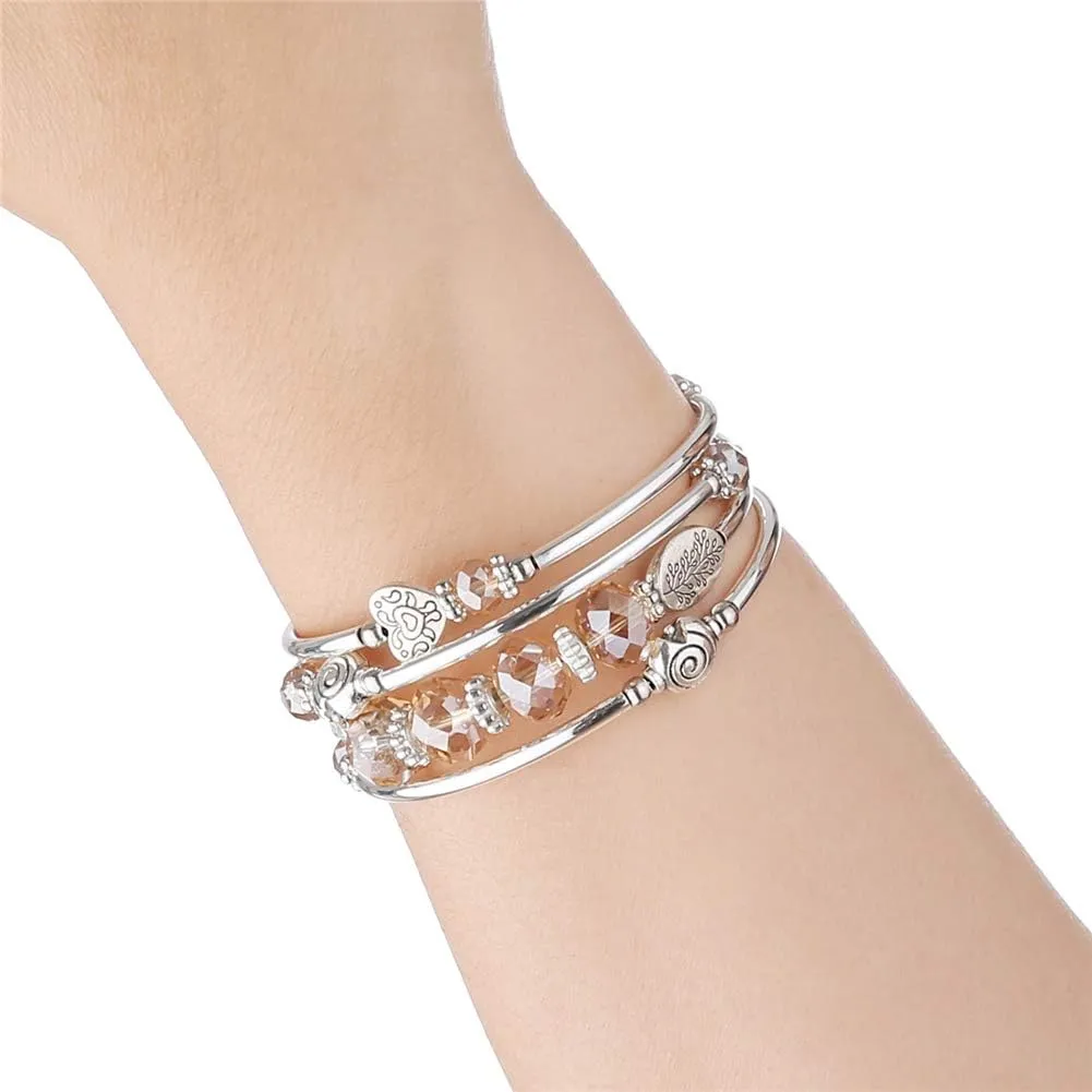 PEARL&CLUB Bead Crystal Wrap Bangle Bracelet - Fashion Jewelry Beaded Bracelet with Silver Metal, Gifts for Women