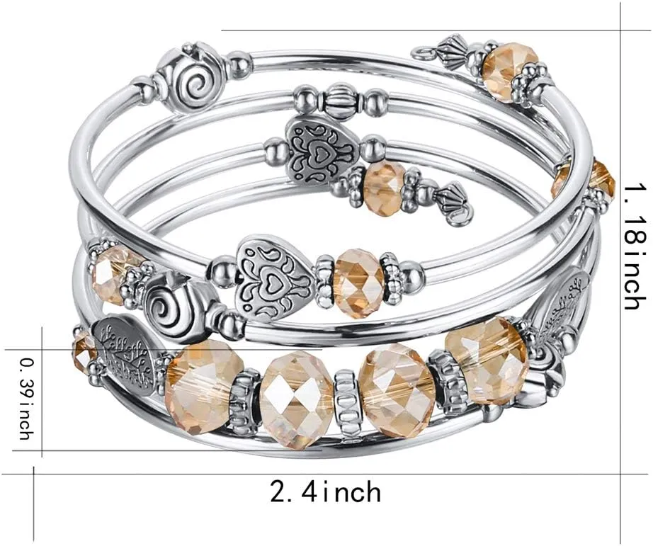 PEARL&CLUB Bead Crystal Wrap Bangle Bracelet - Fashion Jewelry Beaded Bracelet with Silver Metal, Gifts for Women