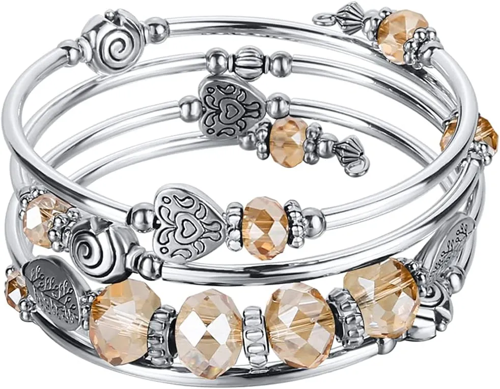 PEARL&CLUB Bead Crystal Wrap Bangle Bracelet - Fashion Jewelry Beaded Bracelet with Silver Metal, Gifts for Women