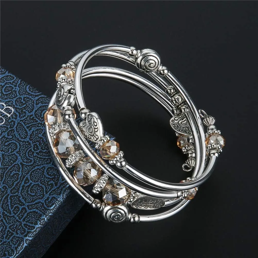 PEARL&CLUB Bead Crystal Wrap Bangle Bracelet - Fashion Jewelry Beaded Bracelet with Silver Metal, Gifts for Women