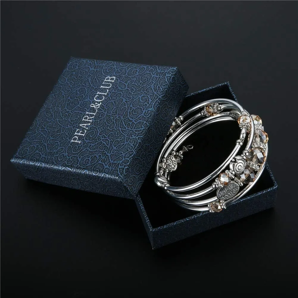 PEARL&CLUB Bead Crystal Wrap Bangle Bracelet - Fashion Jewelry Beaded Bracelet with Silver Metal, Gifts for Women