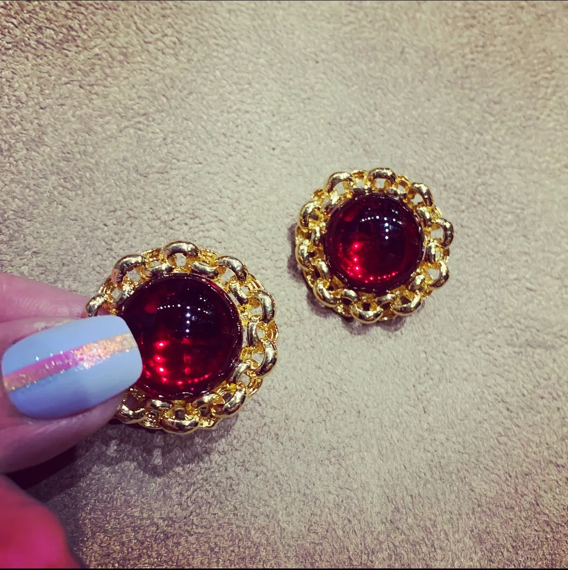 Red Glass Cabochon rope trim Clip on Vintage Earrings
