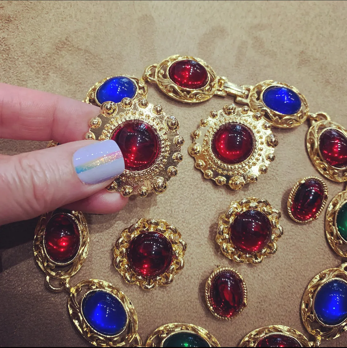 Red Glass Cabochon rope trim Clip on Vintage Earrings