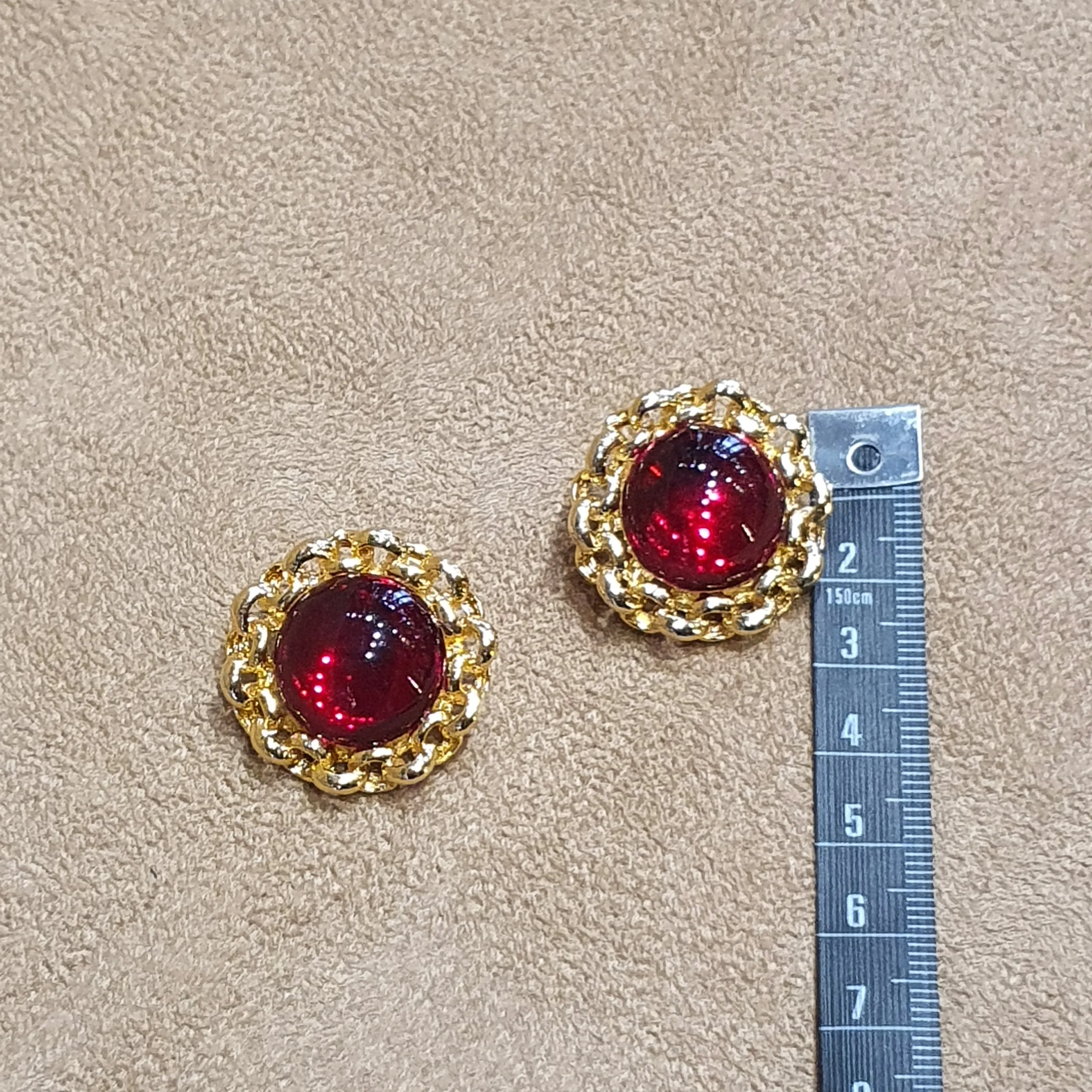 Red Glass Cabochon rope trim Clip on Vintage Earrings