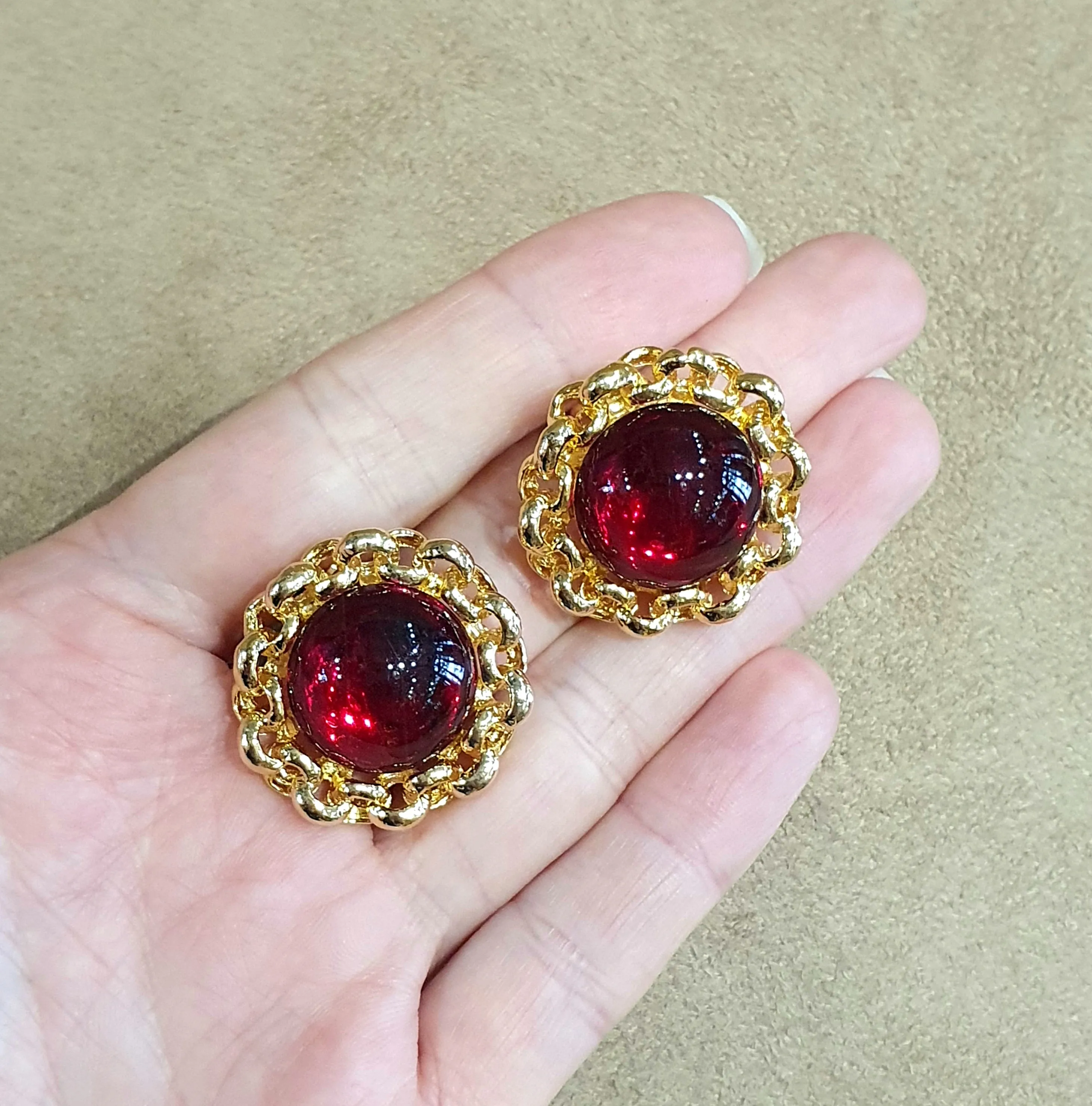 Red Glass Cabochon rope trim Clip on Vintage Earrings