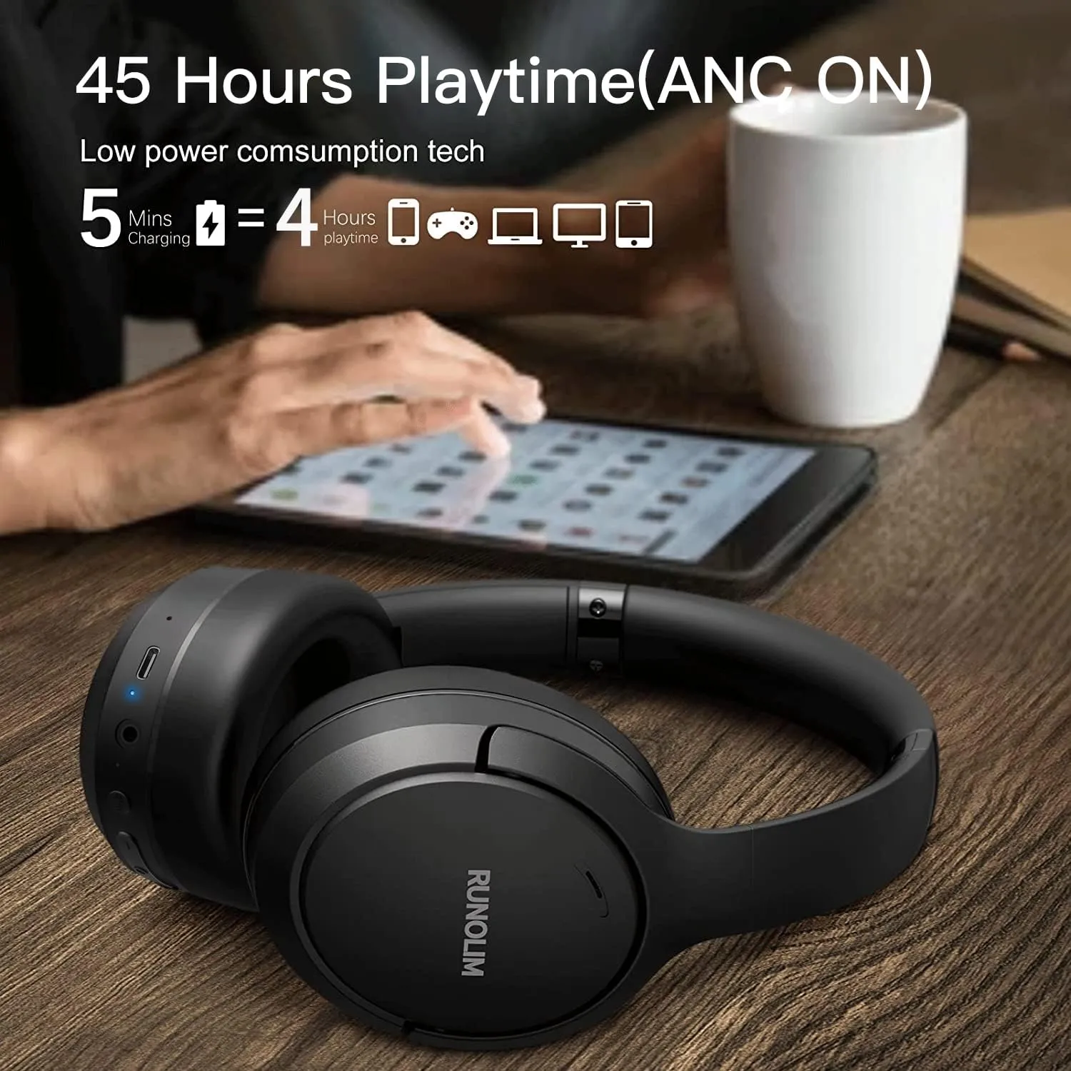 RUNOLIM Hybrid Active Noise Cancelling Headphones, Wireless Over Ear Bluetooth Headphones with Microphone, 70H Playtime, Foldable Headphone with HiFi Audio, Deep Bass for Home Travel Office