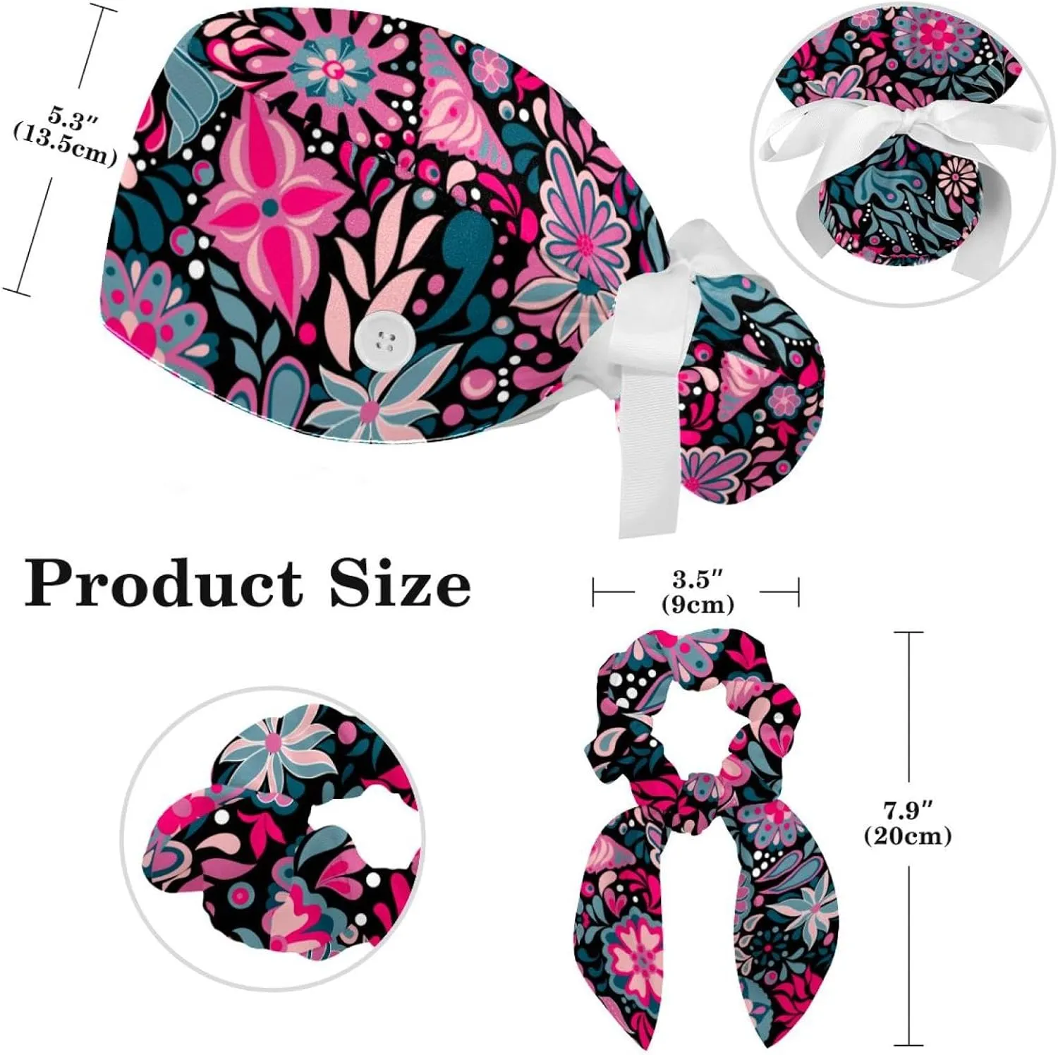 Scrub Cap with Scrunchies, Rainbow Working Hat Hair Cover, Elastic Bandage Tie Back Hats for Women