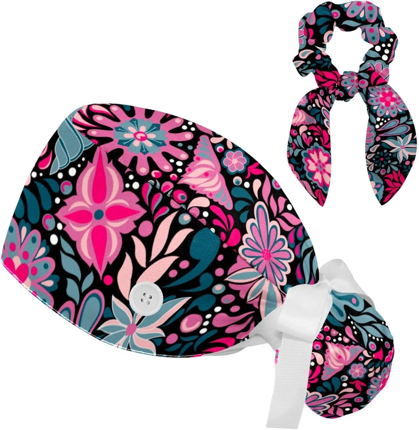 Scrub Cap with Scrunchies, Rainbow Working Hat Hair Cover, Elastic Bandage Tie Back Hats for Women