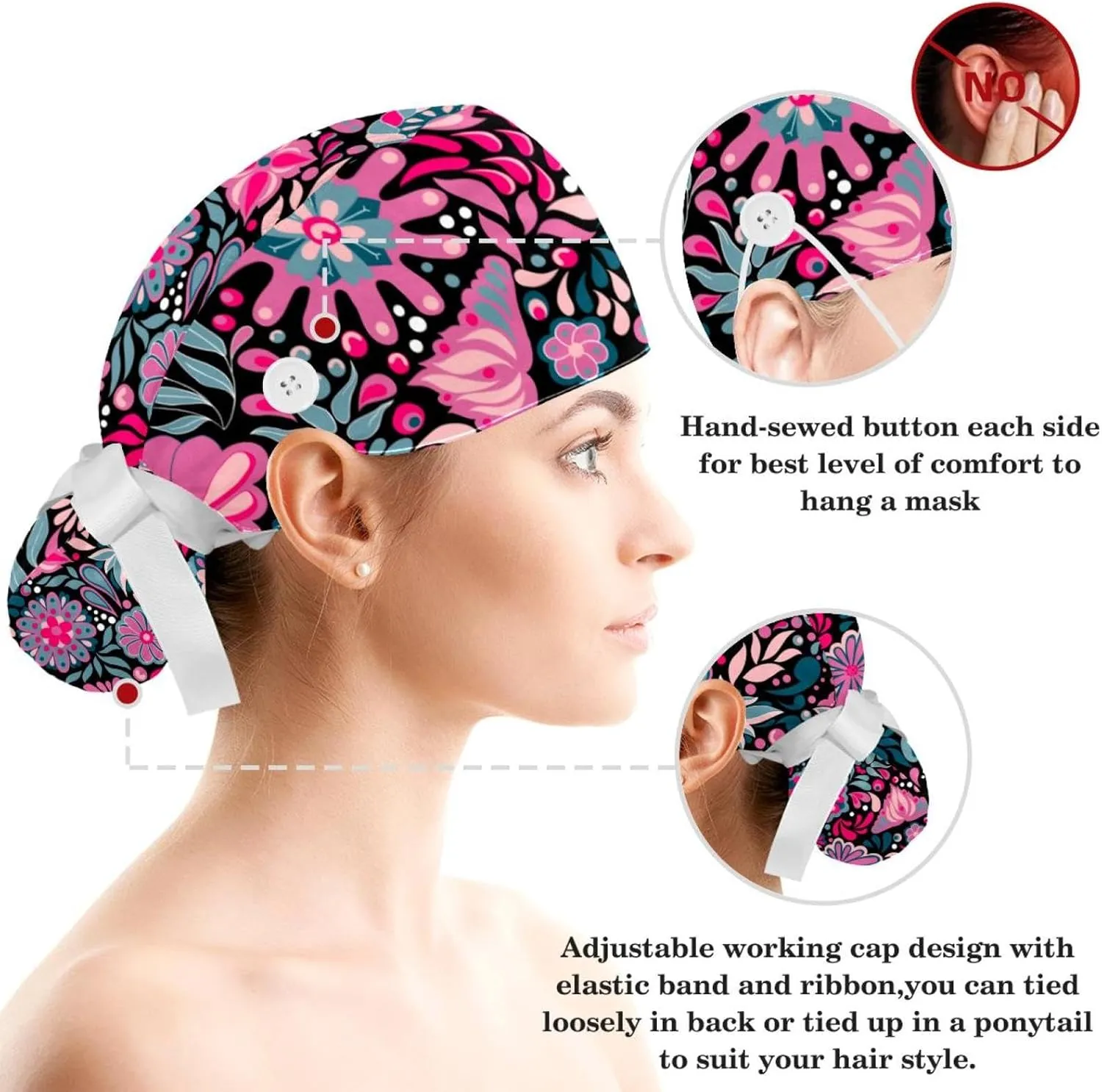 Scrub Cap with Scrunchies, Rainbow Working Hat Hair Cover, Elastic Bandage Tie Back Hats for Women