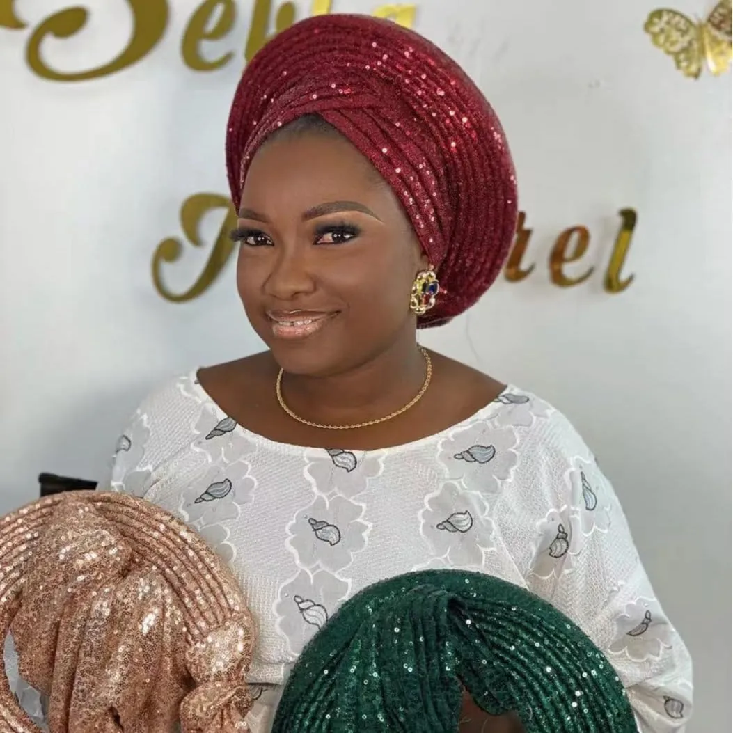 SYANKANGXIAO African Auto Gele Turban Cap for Women Ready to Wear Nigeria Sequins Shiny Headtie Wedding Headwraps
