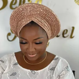 SYANKANGXIAO African Auto Gele Turban Cap for Women Ready to Wear Nigeria Sequins Shiny Headtie Wedding Headwraps