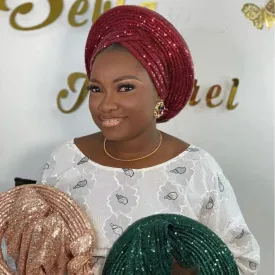 SYANKANGXIAO African Auto Gele Turban Cap for Women Ready to Wear Nigeria Sequins Shiny Headtie Wedding Headwraps