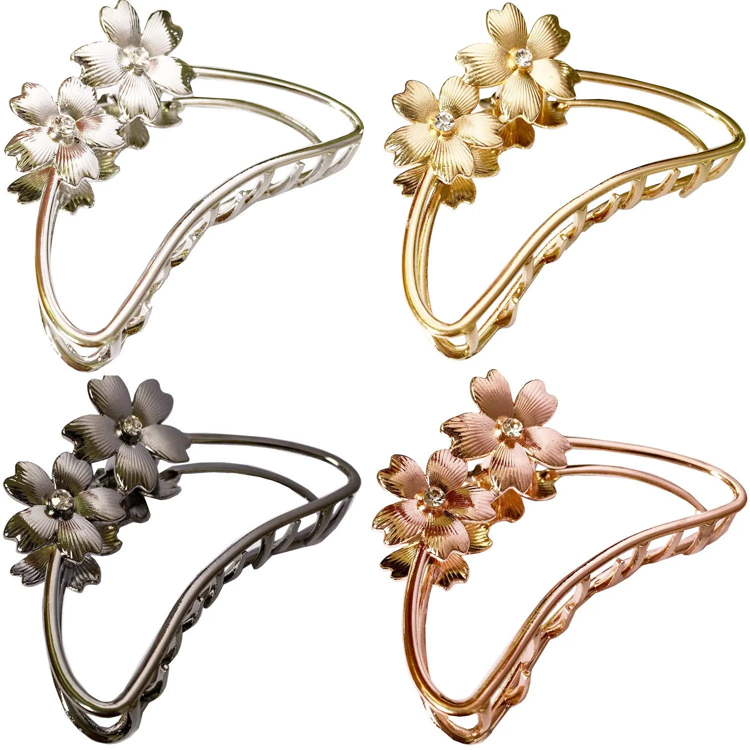 TANG SONG 4PCS Double Flowers Shaped Metal Hair Claw Clips Hair Catch Barrette Jaw Clamp for Women Half Bun Hairpins for Thick Hair (Silver Gold Rose Gold Black)