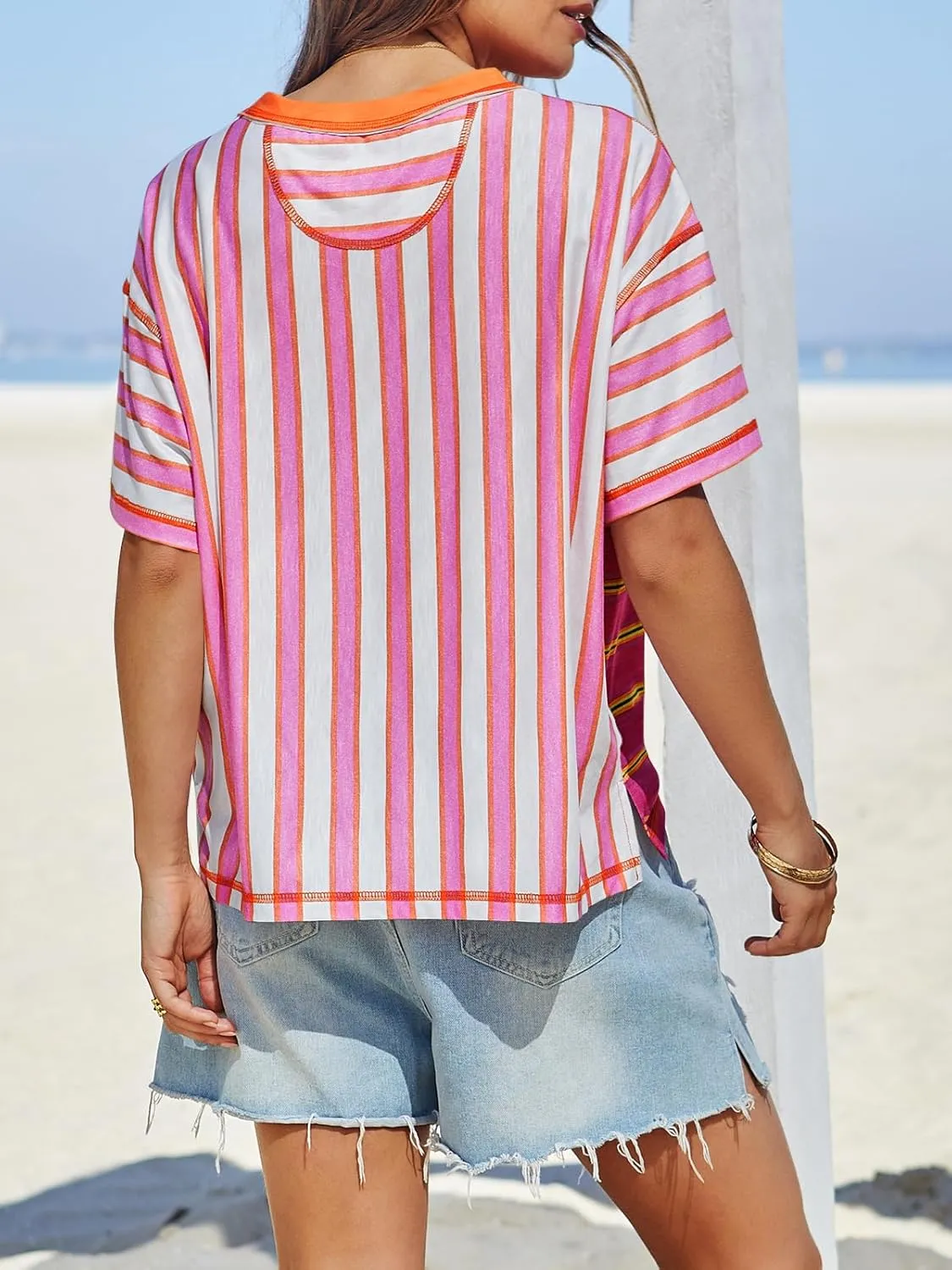 Tankaneo Womens Summer Striped Shirts Casual Color Block Short Sleeve Tops Loose Fit Crew Neck Tees