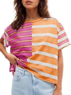 Tankaneo Womens Summer Striped Shirts Casual Color Block Short Sleeve Tops Loose Fit Crew Neck Tees